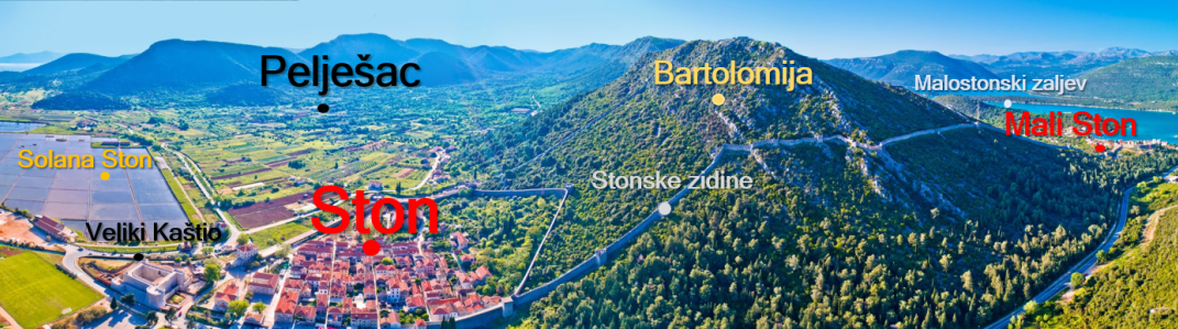Slika prikazuje fotografiju Pelješca i općine Ston s pripadajućim geografskim imenima.
