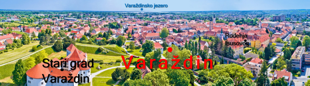 Slika prikazuje fotografiju grada Varaždina s pripadajućim geografskim imenima.