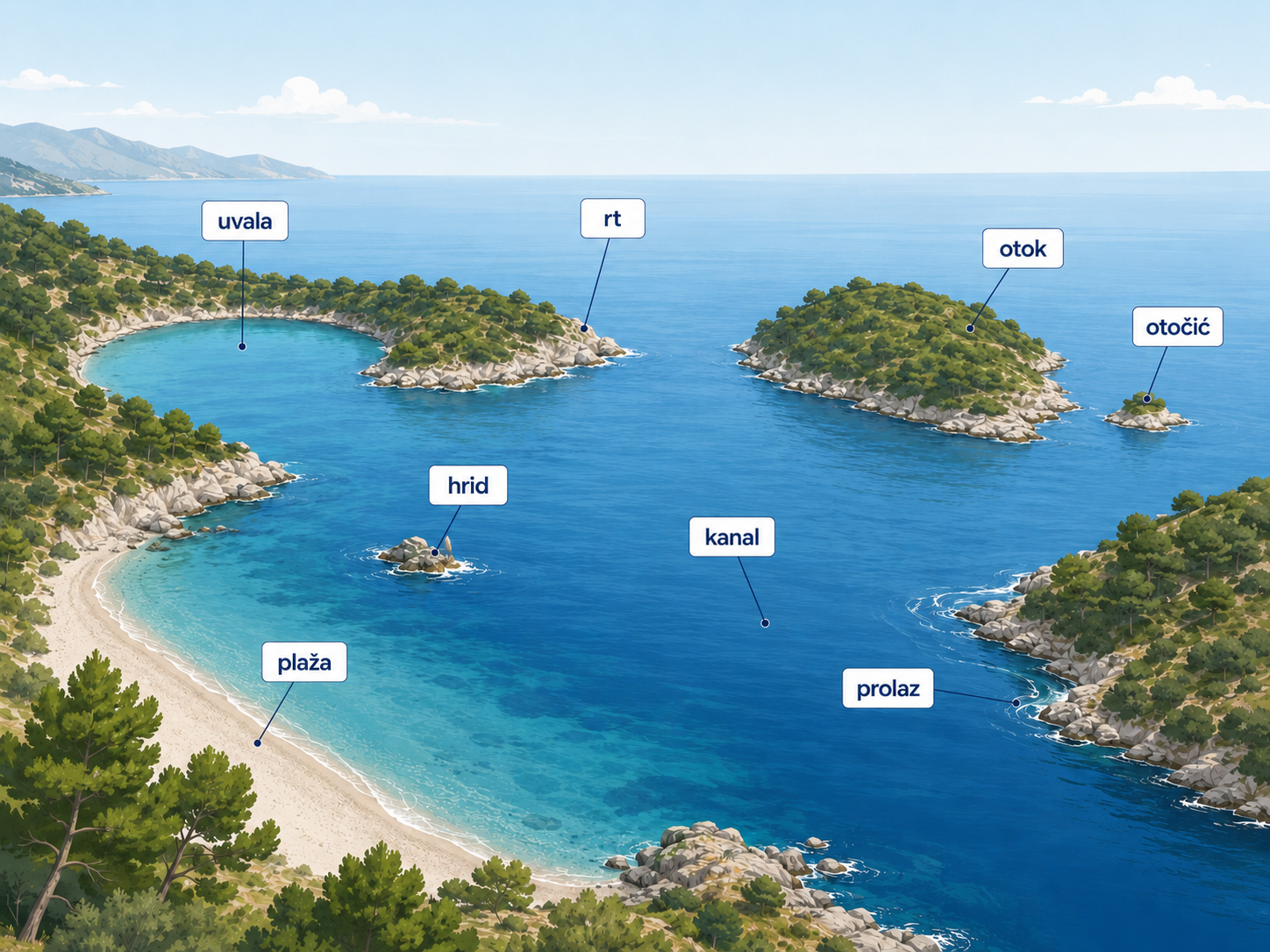 Ilustracija obalnog krajolika s označenim vrstama geografskih objekata: uvala, rt, otok, otočić, hrid, plaža, kanal i prolaz.