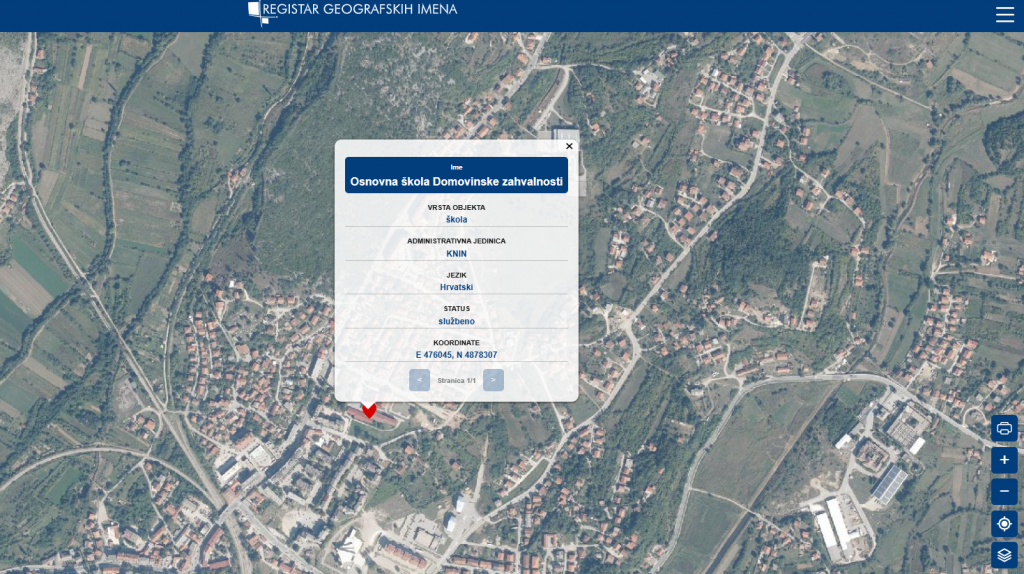 Prikaz zapisa za geografsko ime Osnovna škola Domovinske zahvalnosti u Registru geografskih imena, s podatcima o vrsti objekta i lokaciji.
